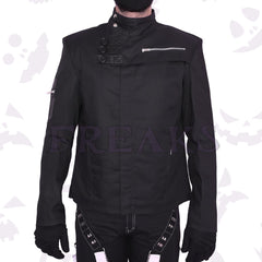 Gothic Black Jacket for men with an asymmetrical zipper, decorative chest tabs, and a stand-up collar