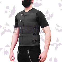 Dark grey psycho military vest with horizontal straps, silver buckle clasps, and zippers.