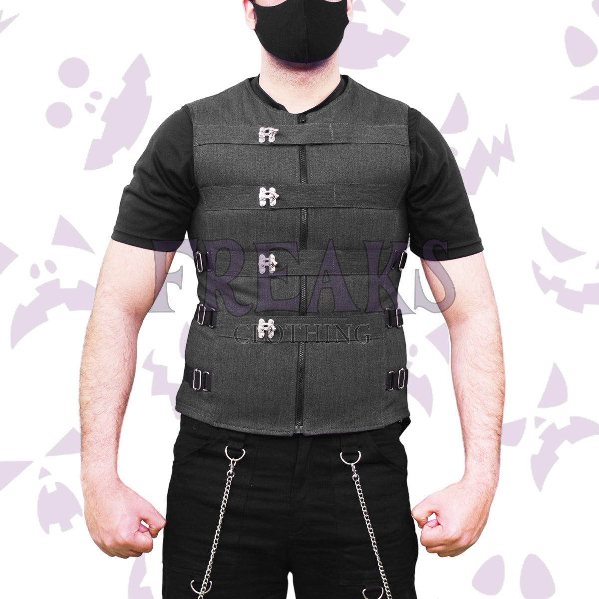Dark grey psycho military vest with horizontal straps, silver buckle clasps, and zippers.
