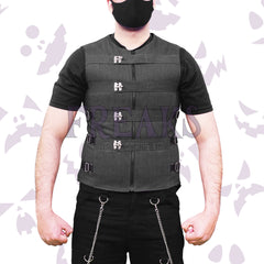 Dark grey psycho military vest with horizontal straps, silver buckle clasps, and zippers.