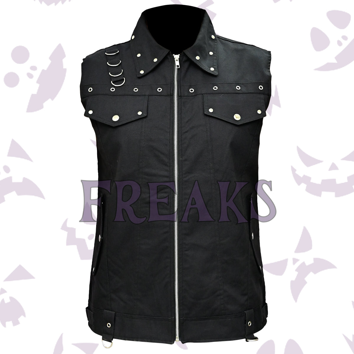 Black punk utility vest for men with a full zipper, silver studs, D-rings, and chest pockets.