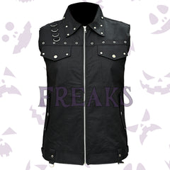 Black punk utility vest for men with a full zipper, silver studs, D-rings, and chest pockets.