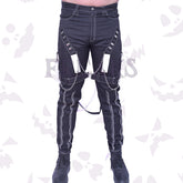 Men's Black punk gothic slim fit studded pants featuring contrast white stitching, studded straps, hanging chains, and zipper accents