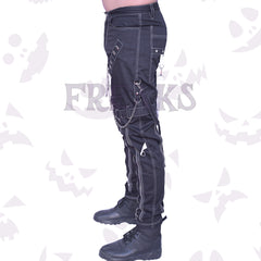 Side view of Men's Black punk gothic pants featuring contrast white stitching, studded straps, hanging chains, and zipper accents