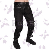 Black punk rock pants with many silver buckle straps and front zippers