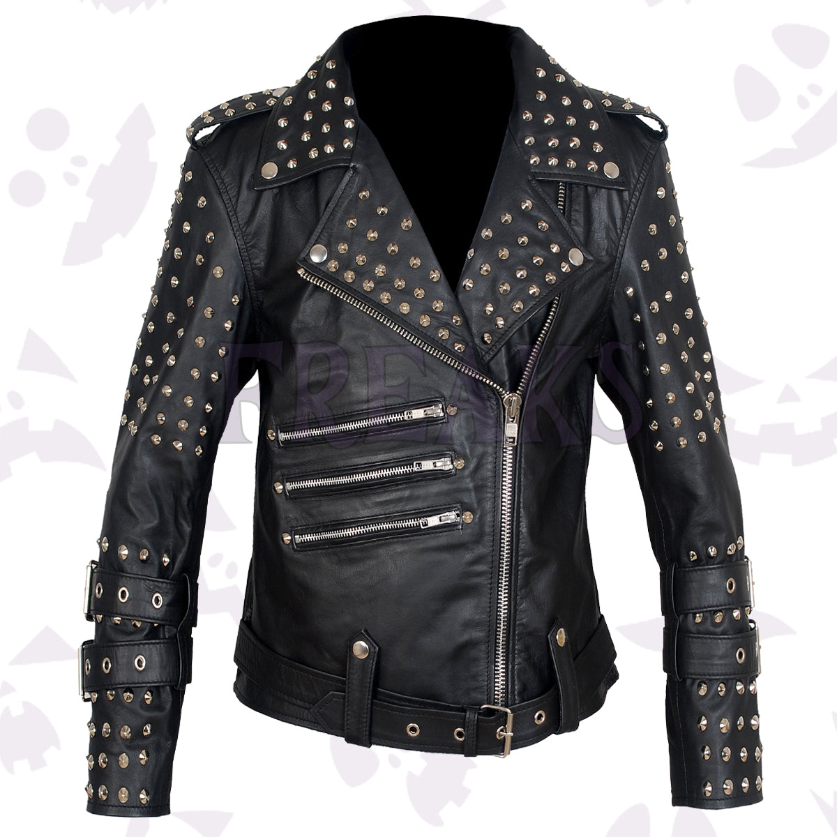 punk rock star women jacket heavily studded with silver pyramid studs and multiple zippers