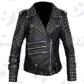 punk rock star women jacket heavily studded with silver pyramid studs and multiple zippers