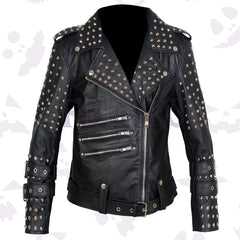 punk rock star women jacket heavily studded with silver pyramid studs and multiple zippers