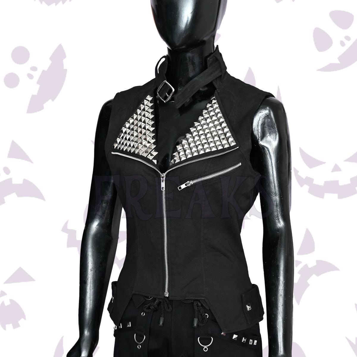 Punk Women Studded Black Cotton Vest with an asymmetrical zipper and heavily studded lapels.