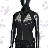 Punk Women Studded Black Cotton Vest with an asymmetrical zipper and heavily studded lapels.