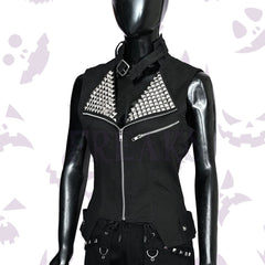 Punk Women Studded Black Cotton Vest with an asymmetrical zipper and heavily studded lapels.