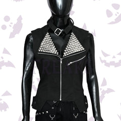 Punk Women Studded Black Cotton Vest , sleeveless, with silver pyramid studs and a choker collar