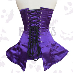 Purple Prom Dress Overbust Satin Corset with a flared peplum hem and black lace-up back