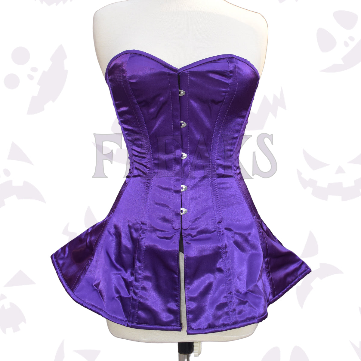 Purple Prom Dress Overbust Satin Corset with a flared peplum hem and black lace-up back