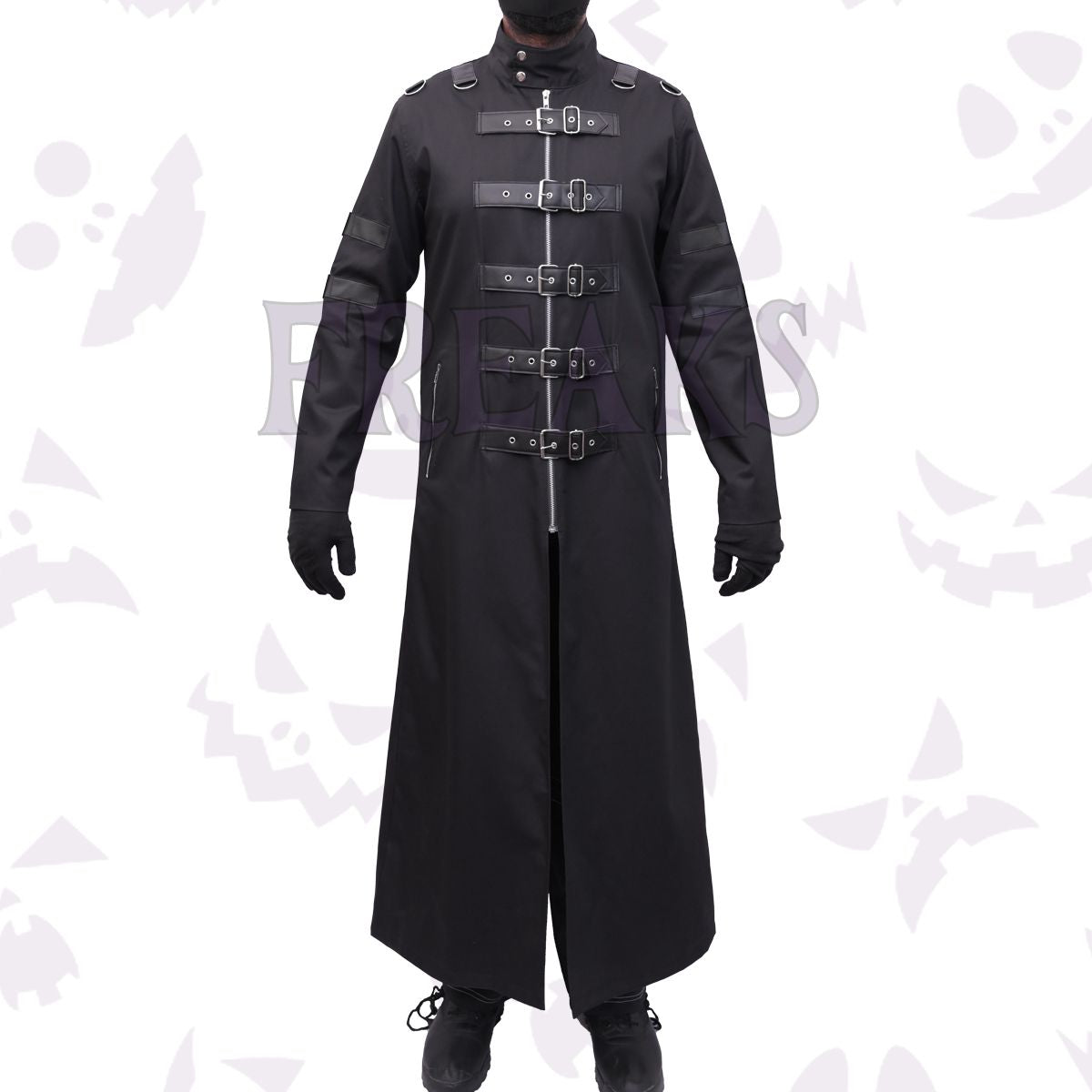 Black gothic trench coat with a full zipper, numerous buckle straps, and a high collar