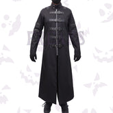 Black gothic trench coat with a full zipper, numerous buckle straps, and a high collar