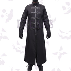 Black gothic trench coat with a full zipper, numerous buckle straps, and a high collar