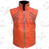 Punk Orange Leather biker vest: orange, with a high collar, side zippers, and hem zipper details.