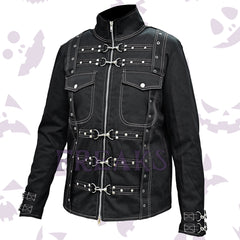 dominator gothic jacket with white stitching, silver shackle rivets, and chest pockets.