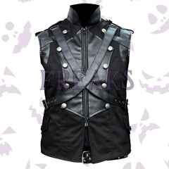 Black gothic military vest with leather straps, metal buttons, and a high collar