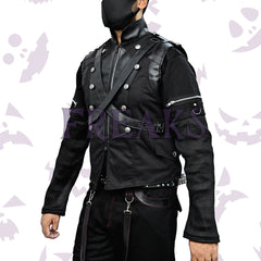 Men's alternative warrior vest: black, sleeveless, with epaulets and antique silver hardware.