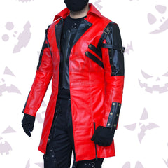 Red Black Matrix Style Trench Cosplay Coat with black panels, rivets, buckles, and front zipper.