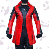 Red Black Matrix Style Trench Cosplay Coat with black panels, rivets, buckles, and front zipper.
