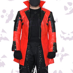 Red Black Matrix Style Trench Cosplay Coat with black panels, rivets, buckles, and front zipper.