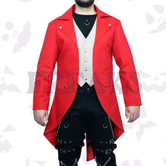 Red Steampunk Tailcoat Victorian style with notched lapels, silver buttons, and a formal cut
