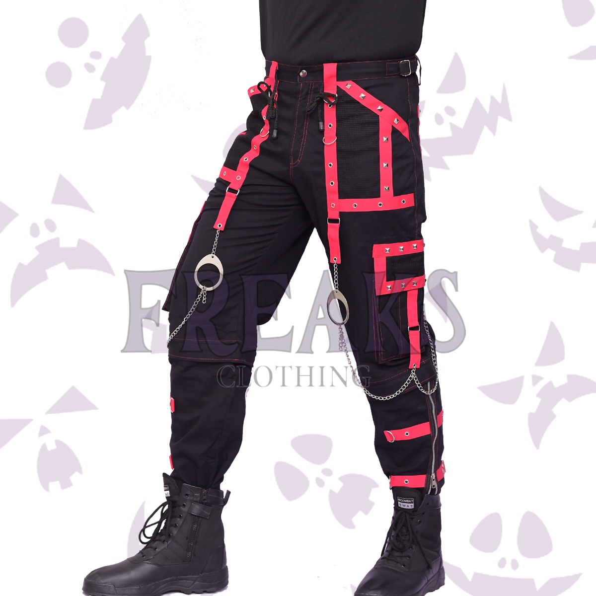 Men Gothic Cargo punk pants with bold red straps, chains