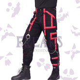 Men Gothic Cargo punk pants with bold red straps, chains