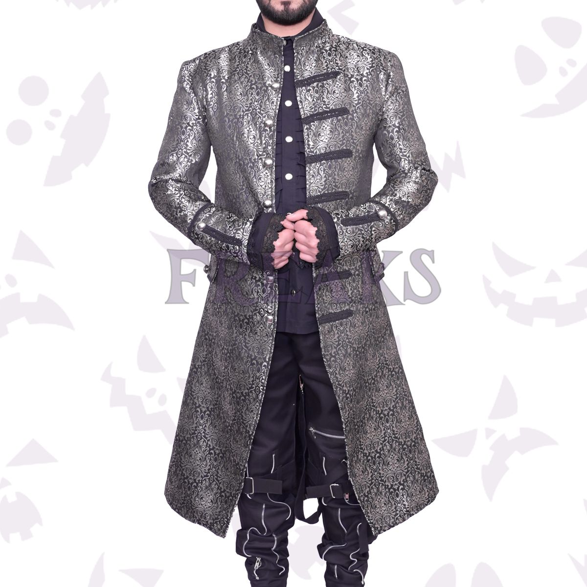 Silver brocade steampunk long coat with ornate antique buttons, black braiding, and a high collar
