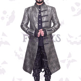 Silver brocade steampunk long coat with ornate antique buttons, black braiding, and a high collar