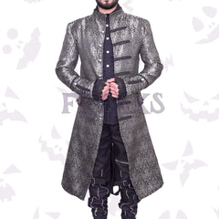 Silver brocade steampunk long coat with ornate antique buttons, black braiding, and a high collar