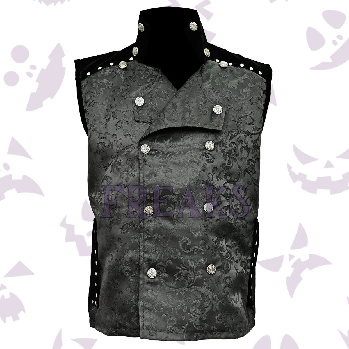 Dark grey gothic vest with ornate brocade pattern, silver double-breasted buttons, and studded shoulders.