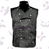 Dark grey gothic vest with ornate brocade pattern, silver double-breasted buttons, and studded shoulders.