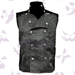 Dark grey gothic vest with ornate brocade pattern, silver double-breasted buttons, and studded shoulders.