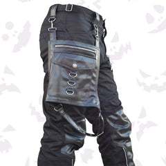 Black cyberpunk pants: faux leather panels, zippers, and a functional, removable side pouch