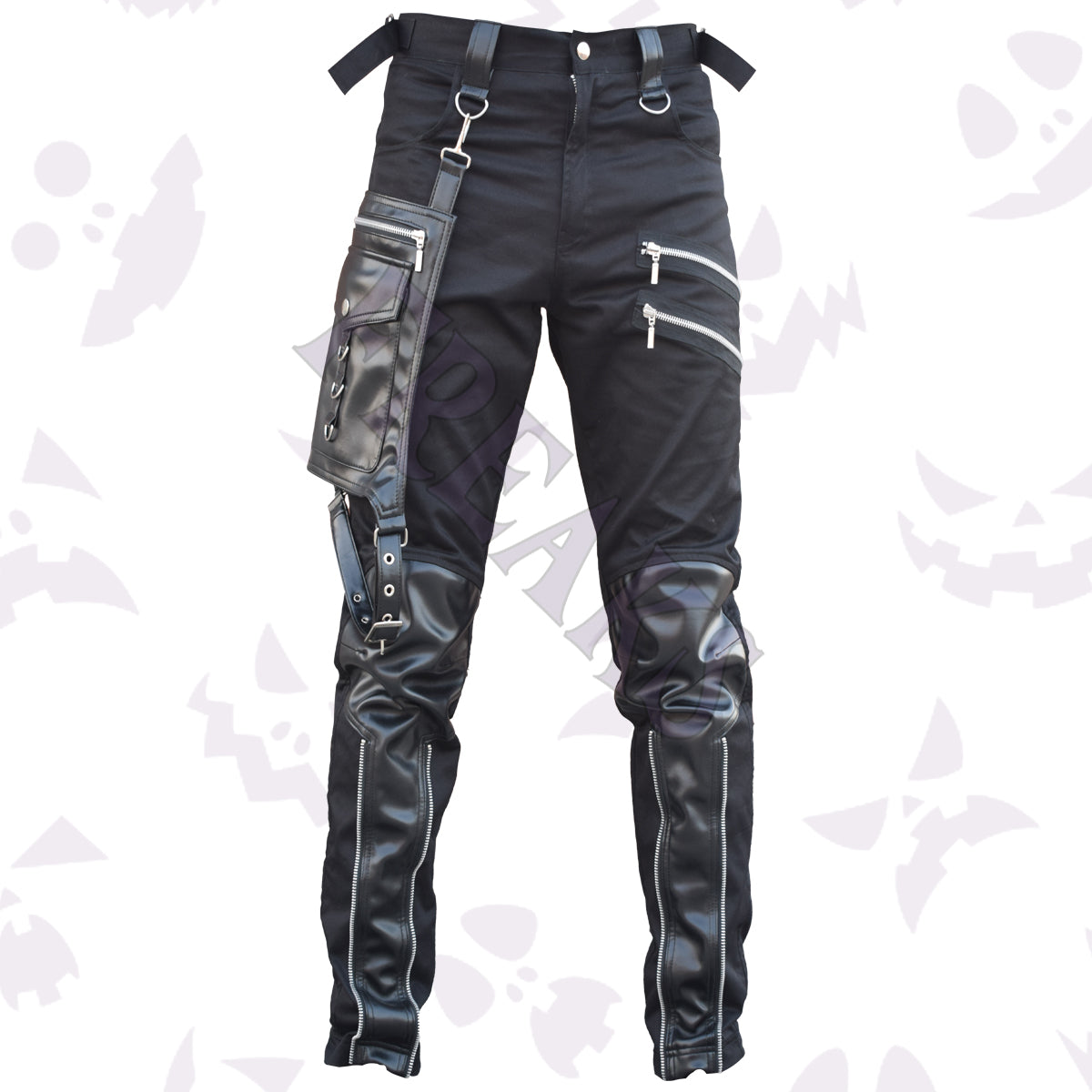 Black industrial pants with leather panels, side utility pouch, and multiple zippers.