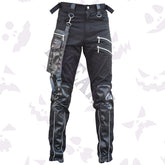 Black industrial pants with leather panels, side utility pouch, and multiple zippers.