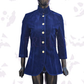 Royal blue velvet coat with a high mandarin collar, gold buttons, and a flared hem