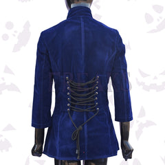 back of blue velvet coat with a high mandarin collar, gold buttons, and a flared hem