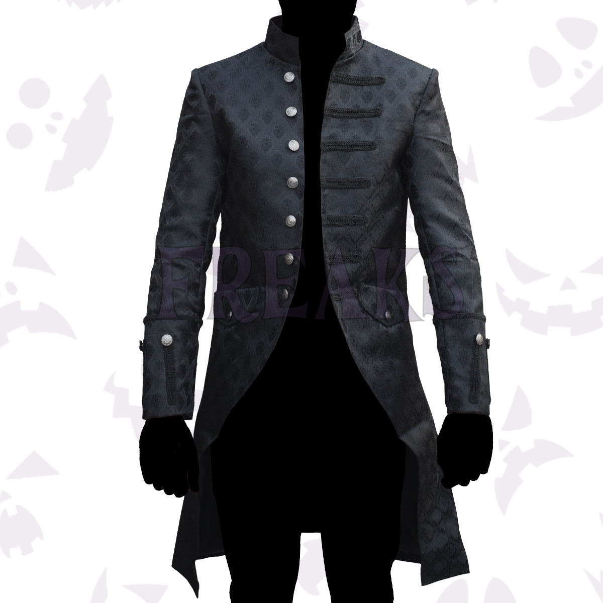 steampunk brocade coat with a high collar, military braiding, and ornate silver buttons
