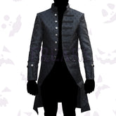 steampunk brocade coat with a high collar, military braiding, and ornate silver buttons