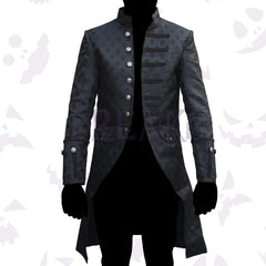 steampunk brocade coat with a high collar, military braiding, and ornate silver buttons