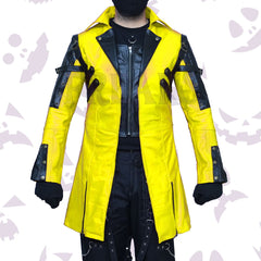 Yellow Steampunk Cosplay Leather Coat with black leather accents and industrial details.