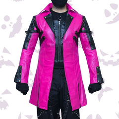 Pink Steampunk Cosplay Leather Coat with black leather accents and industrial details.