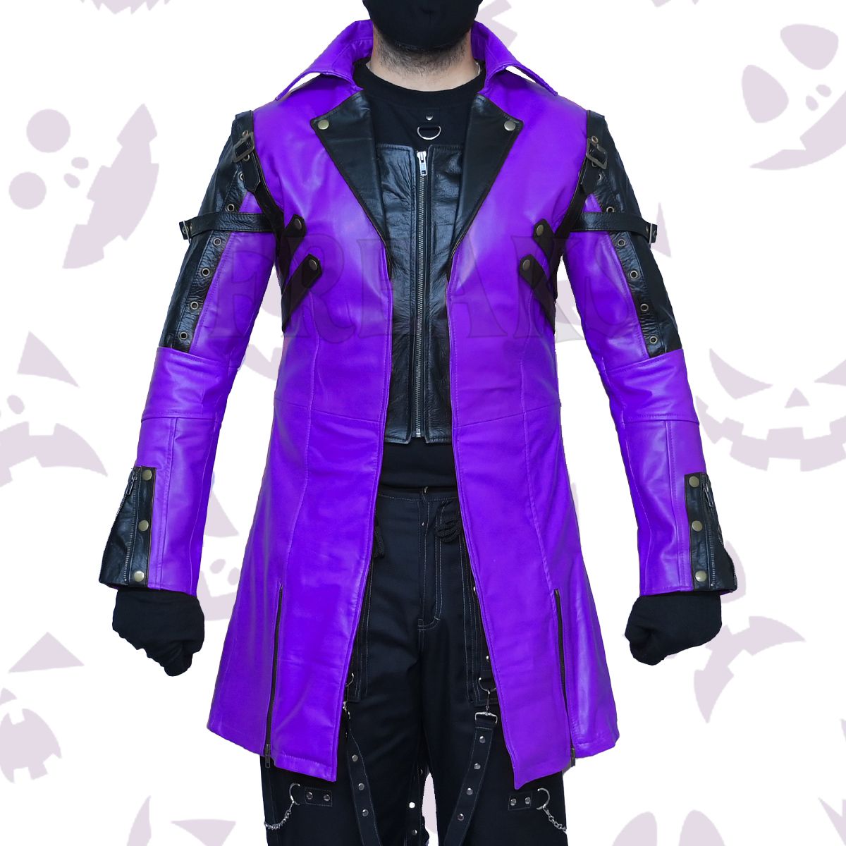 Purple Steampunk Cosplay Leather Coat with black leather accents and industrial details.