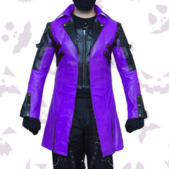 Purple Steampunk Cosplay Leather Coat with black leather accents and industrial details.