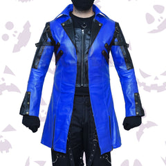 Blue Steampunk Cosplay Leather Coat with black leather accents and industrial details.